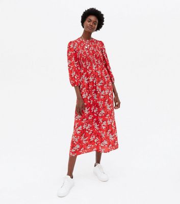 Red Floral Shirred 3/4 Sleeve Midi ...